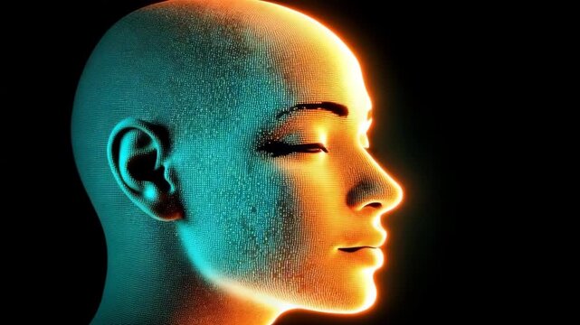 Glowing pixelized face with vibrant colors and digital effects depicting an abstract human figure in a creative concept
