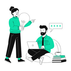 Dynamic team brainstorming ideas with laptop, lightbulb moment sparks innovation and collaboration in a modern workspace, fostering creative solutions