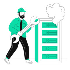 Server maintenance engineer with wrench repairing cloud network, fixing data center outage, modern illustration highlighting IT support and technical assistance