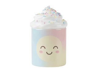 Cute Smiling Mug With Whipped Cream Swirl, Front View With Even Lighting, Isolated on Transparent Background