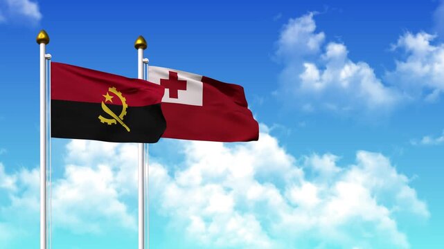 Waving flags of ANGOLA and TONGA on pole included with alpha channel