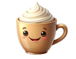  Smiling Character Mug With Tilted Whipped Cream Topping, Angled Side View, Isolated
