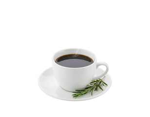 Black Coffee Cup With Rosemary Sprig on Saucer, Clean Front View, Isolated on Transparent Background