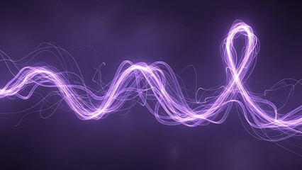 Abstract flowing purple light trails and particles on a dark background