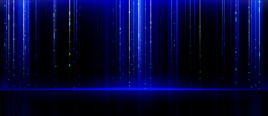 Abstract digital tech background with glowing blue vertical lines and scattered light particles on dark surface. Data pattern with futuristic ai interface atmosphere for modern technology design.