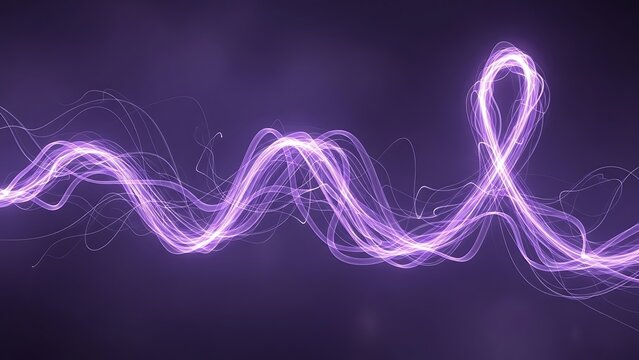Abstract flowing purple light trails and particles on a dark background