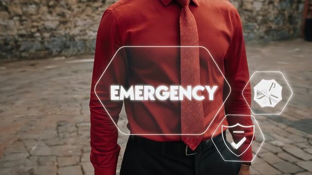 Business person using virtual touch screen presses the word EMERGENCY. Concept of emergency preparedness plan. Checklist to do in disaster, continue business and build resilience.4k video