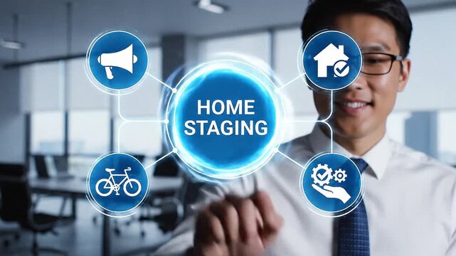 Business person using virtual touch screen presses the words HOME STAGING. Home Staging Real Estate Concept. Home Stage Service. 4k video