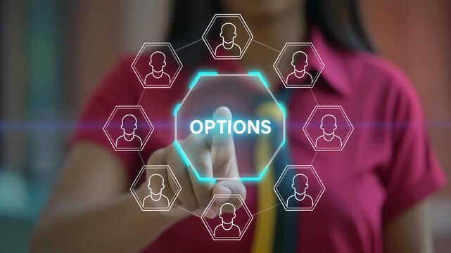 Choice different options business planning concept. Business person using virtual touch screen sees the word OPTIONS. 4k video