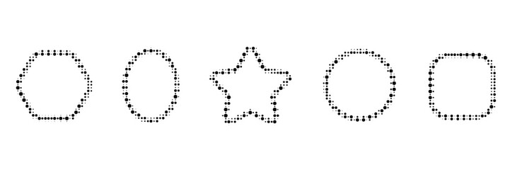 Set of various geometric and decorative frames made of halftone dots, including hexagon, circle, star and rounded square shapes. Minimalist dotted outline design elements.