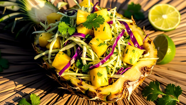 Still life, Vibrant and colorful street food. Colombian ensalada de repollo con pi&ntilde;a, shredded cabbage with juicy pineapple chunks, cilantro, lime dressing, in a hollowed-out pineapple 