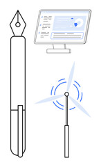 Renewable energy, technology advancement, sustainability, digital data, innovation, progress. Minimalist artwork of a wind turbine, fountain pen and data displayed on a monitor. Renewable energy
