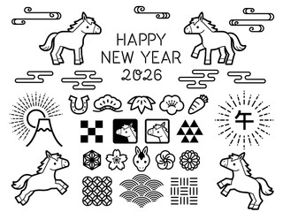 午年の線画スタンプとアイコンセット