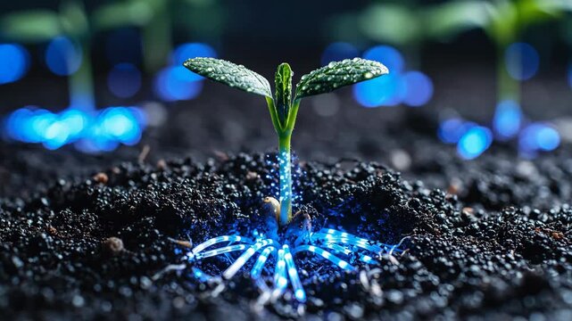 Macro cinematic video of plant sprouting with glowing blue roots in soil. Time-lapse growth sequence showing innovative technological fusion with nature.