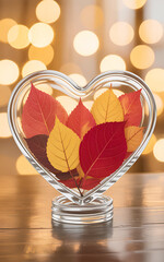 Autumn leaves in a heart shaped glass with bokeh background