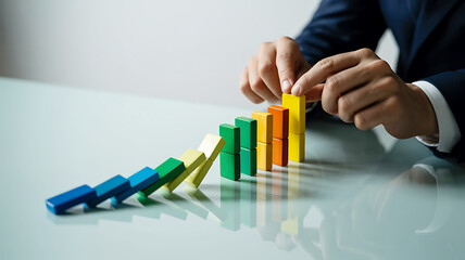 Business analysis with dominoes showing growth chart with hand reaching yellow bar