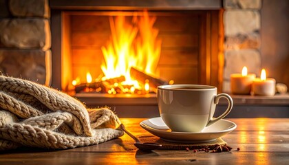 Hot Coffee Mug on Wooden Floor by Burning Fireplace, Cozy Sweater and Warm Winter Atmosphere