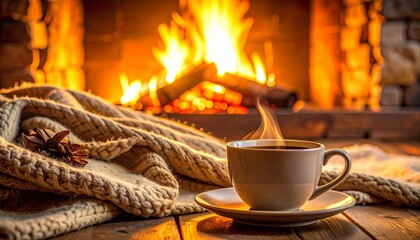 Hot Coffee Mug on Wooden Floor by Burning Fireplace, Cozy Sweater and Warm Winter Atmosphere