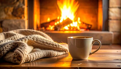 Hot Coffee Mug on Wooden Floor by Burning Fireplace, Cozy Sweater and Warm Winter Atmosphere