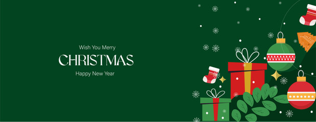 Winter Holiday Greeting Card Design Featuring Xmas Gifts, Red Christmas Balls, and Decorative Seasonal Elements