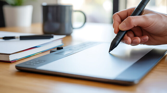 Close up shot of person using graphics tablet for creative work - Powered by Adobe