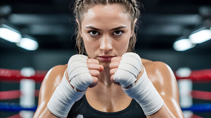 Determined female boxer in training looking focused with boxing wraps