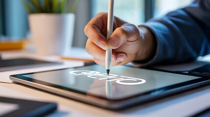 Digital artist draws on tablet screen with modern pen technology