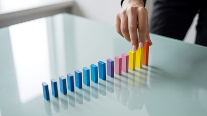 Domino effect hand starting cascade of colorful wooden blocks