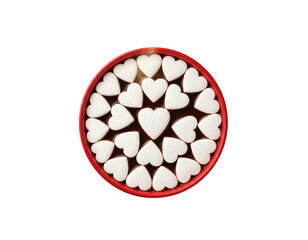 Top-Down View of Red Mug With Heart Marshmallows, Minimalist Romantic Composition, Isolated