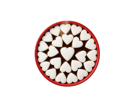 Top-Down View of Red Mug With Heart Marshmallows, Minimalist Romantic Composition, Isolated