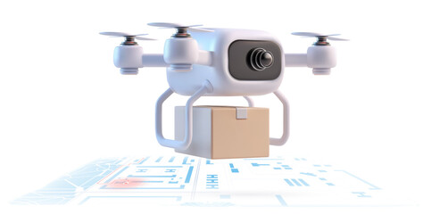 3d vector illustration of white quadcopter delivery drone carrying cardboard box above abstract digital city map with gps route representing autonomous last mile shipping and smart ecommerce logistics