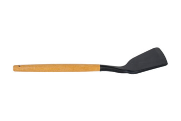Hand with Black plastic kitchen spatula, kitchenware for cooking on transparent background.