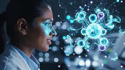 South asian woman scientist interacting with holographic molecules. Augmented reality visualization in biotechnology lab. Digital molecular modeling for medical research and innovation. - Powered by Adobe