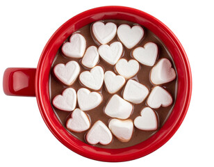  Top-Down View of Red Mug With Heart Marshmallows, Minimalist Romantic Composition, Isolated