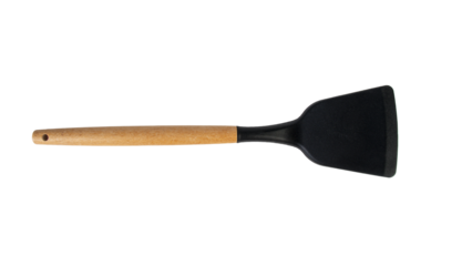 Hand with Black plastic kitchen spatula, kitchenware for cooking on transparent background.
