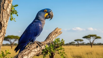 Blue macaw perched on branch in african savanna landscape