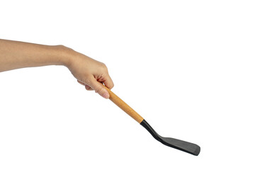 Hand with Black plastic kitchen spatula, kitchenware for cooking on transparent background.