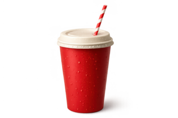 Red disposable drink cup with straw, cold soda refreshment and condensation, transparent background