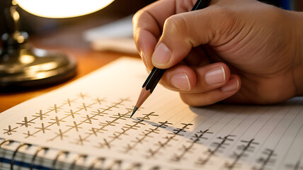 Hand marking tally marks on paper with a pencil under lamp