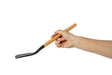 Hand with Black plastic kitchen spatula, kitchenware for cooking on transparent background.