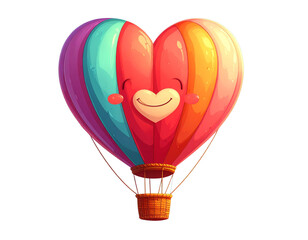 Cute Cartoon Heart Hot Air Balloon with Clouds, Front View, Isolated