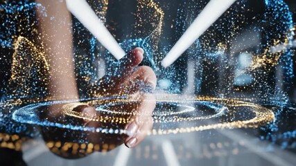 Womans hands activating holographic display in futuristic interface. Digital energy particles glowing blue and gold. Augmented reality technology for innovation and advertising concepts. - Powered by Adobe