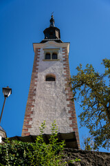 Obraz premium Pilgrimage Church of the Assumption of Mary tower, Bled island church. Stunning Lake Bled with Iconic Island and Castle, Slovenia. Romantic spot. 