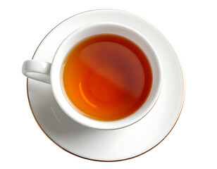  Top-Down View of Porcelain Teacup Filled with Tea, Saucer Underneath, Isolated