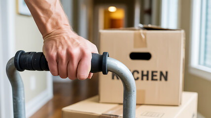 Moving day with hand truck and boxes labeled for the kitchen