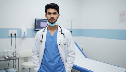 Confident young doctor in scrubs and lab coat stands ready to help patients in modern clinic exam room, promoting trust and healthcare solutions