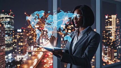 African American businesswoman interacting with holographic tablet in city high-rise. Digital globe and network visualization emerging. Futuristic technology for corporate data analysis and - Powered by Adobe