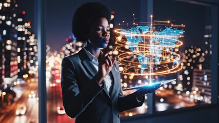 Woman activating holographic globe on tablet in city night view. Futuristic digital interface for business technology. Augmented reality innovation concept - Powered by Adobe