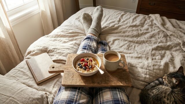 woman legs in pajamas and woolen socks resting on bed with breakfast tray. oatmeal bowl, coffee cup and sleeping cat. cozy winter morning concept. banner, website header. - Powered by Adobe