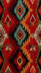 Traditional Indonesian Ikat pattern with vibrant cultural colors, handcrafted imperfections and textile depth